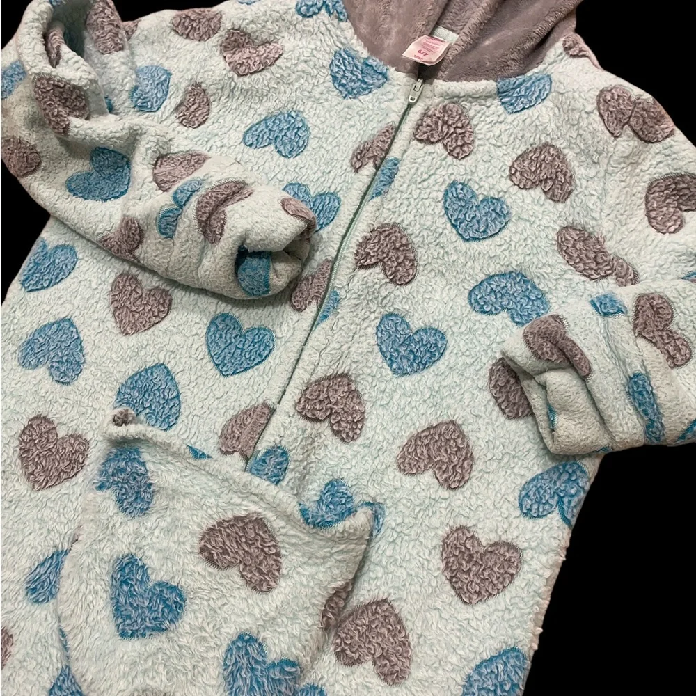 Justice onesie blue koala zip hooded fleece soft pajamas pjs hearts sequins 6 7